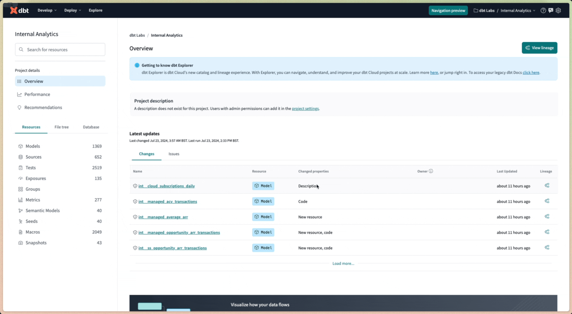 Access dbt Explorer from dbt Cloud by clicking Explore in the navigation.